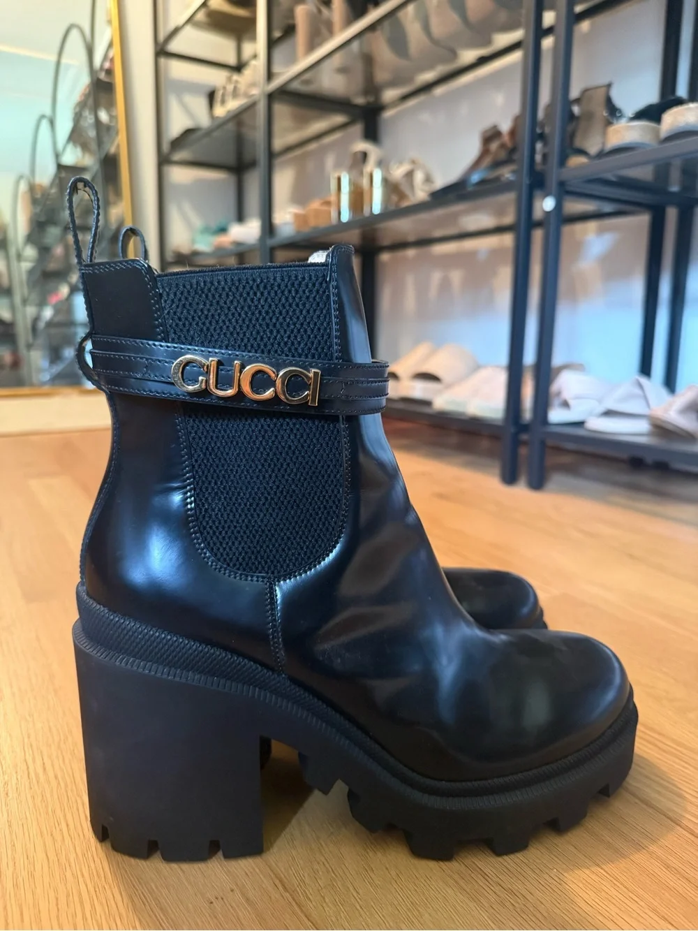 Gucci Cara Logo Boot, Leather Lug Sole Ankle Boots with Gold Logo Strap - Picture 7 of 7